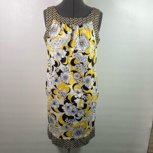 Kim Rogers Dress Women Size 12 Yellow Black & White Sleeveless Floral Lined